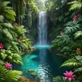 A hidden waterfall cascades into a crystal-clear pool surrounded by vibrant flowers and lush ferns. (Paradise, tropical, hidden oasis, untouched)