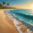 A tranquil beach at sunset, with golden sand meeting the turquoise ocean. Palm trees sway gently in the warm breeze, casting long shadows across the shore.