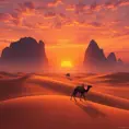 A vast, serene desert landscape at sunset, with towering sand dunes casting long shadows and a lone camel caravan silhouetted against the vibrant orange and purple sky.