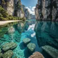 A hidden, crystal-clear lagoon surrounded by towering limestone cliffs, with the water so still it mirrors the sky above, creating a perfect, otherworldly reflection.