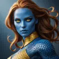 Mystique shifting into form, blue scales transforming into smooth skin, piercing yellow eyes, a hint of mischief, dynamic pose, dramatic lighting, photorealistic