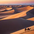 A vast, serene desert landscape at sunset, with towering sand dunes casting long shadows and a lone camel caravan silhouetted against the vibrant orange and purple sky.