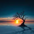 A lone, ancient tree silhouetted against a breathtaking sunset over a vast, reflective salt flat, stars beginning to appear in the deep blue sky, dreamlike and ethereal