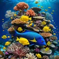 A vibrant coral reef teeming with exotic marine life, where schools of colorful fish dart among the intricate formations of coral, all set against the deep blue ocean.