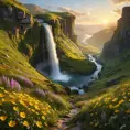 A hidden valley bathed in the golden light of dawn, waterfalls cascading down moss-covered cliffs, a blanket of vibrant wildflowers in the foreground, hyperrealistic, 8k