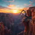 A vast, otherworldly canyon carved by time, with towering sandstone formations reaching towards a vibrant, sunset sky. A lone, weathered tree clings to the edge, its roots grasping the ancient rock.