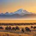 A panoramic view of a vast, golden savannah at dawn, with herds of wildlife grazing and a distant, snow-capped mountain range on the horizon.