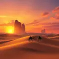 A vast, serene desert landscape at sunset, with towering sand dunes casting long shadows and a lone camel caravan silhouetted against the vibrant orange and purple sky.