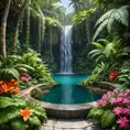 A hidden waterfall cascades into a crystal-clear pool surrounded by vibrant flowers and lush ferns. (Paradise, tropical, hidden oasis, untouched)