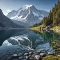 A serene alpine lake reflecting the towering, snow-capped peaks of the surrounding mountains, with a gentle mist hovering over the water's surface.