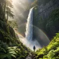 A majestic waterfall cascading down a sheer cliff face, sunlight illuminating the mist, creating a rainbow. Lush ferns and moss adorn the rocks, with a lone hiker silhouetted against the spray.