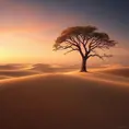 A vast, golden desert under a twilight sky, with dunes stretching endlessly, and a lone, ancient tree standing as a sentinel against the encroaching sands.