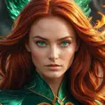 Portrait of Jean Grey, fiery red hair, emerald green eyes, powerful, elegant, phoenix fire in the background, intricate details, sharp focus, 8k
