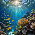 Bio luminescent coral reefs teeming with colorful fish, sunlight filtering through the crystal-clear water, creating dancing patterns of light and shadow, serene and magical