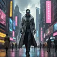 A cyberpunk cityscape, a giant holographic advertisement for a virtual reality game dominates the skyline, people wearing VR headsets walk down the street, their eyes glazed over, a lone figure in a trench coat walks past, a look of defiance on their face.