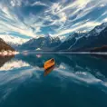 A serene lake nestled within a ring of snow-capped mountains, reflecting the azure sky and wispy clouds. A wooden canoe glides across the glassy surface, leaving a gentle ripple in its wake.