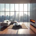 A minimalist living room with a large, panoramic window overlooking a bustling city skyline. Sunlight streams through the window, illuminating a white leather sofa, a sleek coffee table made of polished chrome, and a modern fireplace with a glowing fire.