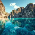A hidden, crystal-clear lagoon surrounded by towering limestone cliffs, with the water so still it mirrors the sky above, creating a perfect, otherworldly reflection.