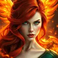 Portrait of Jean Grey, fiery red hair, emerald green eyes, powerful, elegant, phoenix fire in the background, intricate details, sharp focus, 8k