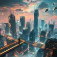 Cyberpunk cityscape, intricate network of neon-lit sky bridges connecting towering chrome skyscrapers, holographic advertisements projecting onto the clouds, flying cars zipping through the air, a lone figure silhouetted against the shimmering lights.