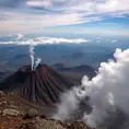 A breathtaking view from the summit of a volcanic peak, with plumes of smoke rising from the crater. Below, a vast, undulating landscape stretches out towards the horizon, dotted with scattered villages.