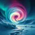 A swirling vortex of vibrant colors, representing the aurora borealis dancing across a frozen, arctic landscape. Stars twinkle in the night sky, casting a magical light on the scene.