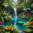 A hidden waterfall cascades into a crystal-clear pool surrounded by vibrant flowers and lush ferns. (Paradise, tropical, hidden oasis, untouched)