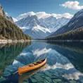A serene lake nestled within a ring of snow-capped mountains, reflecting the azure sky and wispy clouds. A wooden canoe glides across the glassy surface, leaving a gentle ripple in its wake.