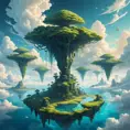 A surreal, otherworldly landscape, with floating islands suspended in a sky filled with swirling clouds. Strange, bioluminescent plants illuminate the scene with an ethereal glow.