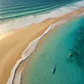 A tranquil beach at sunset, with golden sand meeting the turquoise ocean. Palm trees sway gently in the warm breeze, casting long shadows across the shore.