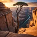 A vast, otherworldly canyon carved by time, with towering sandstone formations reaching towards a vibrant, sunset sky. A lone, weathered tree clings to the edge, its roots grasping the ancient rock.