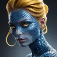 Mystique shifting into form, blue scales transforming into smooth skin, piercing yellow eyes, a hint of mischief, dynamic pose, dramatic lighting, photorealistic