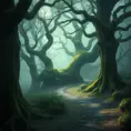 A mystical forest bathed in mist, ancient trees adorned with glowing moss, a path winding its way through the ethereal landscape, dappled sunlight, magical realism
