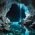 A hidden grotto bathed in ethereal moonlight, with crystal clear water flowing over smooth, white stones. Bioluminescent creatures illuminate the cave walls, casting an otherworldly glow.