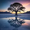 A lone, ancient tree silhouetted against a breathtaking sunset over a vast, reflective salt flat, stars beginning to appear in the deep blue sky, dreamlike and ethereal