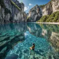 A hidden, crystal-clear lagoon surrounded by towering limestone cliffs, with the water so still it mirrors the sky above, creating a perfect, otherworldly reflection.