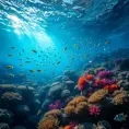 Bio luminescent coral reefs teeming with colorful fish, sunlight filtering through the crystal-clear water, creating dancing patterns of light and shadow, serene and magical