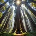 A towering, ancient redwood forest, where the massive trees form a cathedral-like canopy, and shafts of sunlight pierce through the dense foliage.