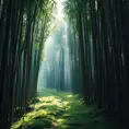 Deep within a bamboo forest, sunlight filters through the leaves, illuminating a moss-covered path. (Zen, meditation, green, ethereal)