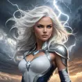 Storm commanding the weather, lightning crackling around her, eyes glowing white, flowing white hair, powerful stance, epic scale, dramatic sky, fantasy art style