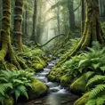 A dense, ancient forest with towering, moss-covered trees, a carpet of ferns, and a hidden, crystal-clear stream winding through the undergrowth.