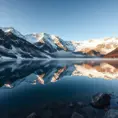 A serene alpine lake reflecting the towering, snow-capped peaks of the surrounding mountains, with a gentle mist hovering over the water's surface.
