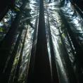 A towering, ancient redwood forest, where the massive trees form a cathedral-like canopy, and shafts of sunlight pierce through the dense foliage.