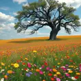 A field of vibrant wildflowers bursting into bloom, stretching as far as the eye can see. A solitary, ancient oak tree stands sentinel, its gnarled branches reaching out like protective arms.