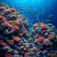A vibrant, colorful coral reef teeming with marine life, including schools of fish, sea turtles, and vibrant anemones, all set against the deep blue ocean.