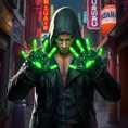 Rogue in a leather jacket, glowing green hands, defiant expression, rebellious attitude, urban setting, street art style, vibrant colors, cinematic lighting