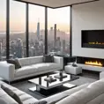 A minimalist living room with a large, panoramic window overlooking a bustling city skyline. Sunlight streams through the window, illuminating a white leather sofa, a sleek coffee table made of polished chrome, and a modern fireplace with a glowing fire.