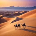 A vast, serene desert landscape at sunset, with towering sand dunes casting long shadows and a lone camel caravan silhouetted against the vibrant orange and purple sky.