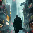 A towering, neon-drenched cyberpunk city, with holographic billboards advertising illicit services and flying vehicles weaving through the smog-filled sky. In the foreground, a lone figure in a trench coat walks down a rain-slicked street, their face obscured by a glowing cybernetic mask.