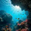 Bio luminescent coral reefs teeming with colorful fish, sunlight filtering through the crystal-clear water, creating dancing patterns of light and shadow, serene and magical
